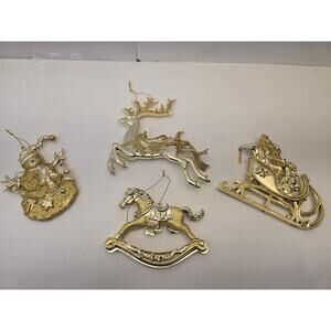 Vintage Gold Holiday Ornaments Set 4 Pc Reindeer Sleigh Horse Snowman ~5"